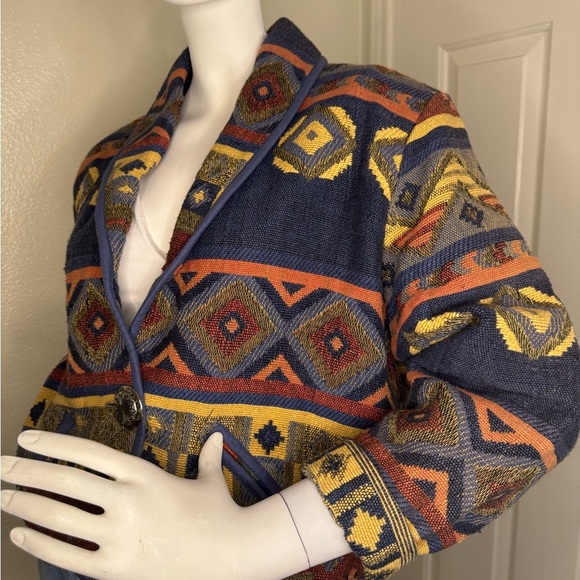 New Identity Blue and Red Geometric Blazer with Open Front Western Style. - Picture 9 of 14